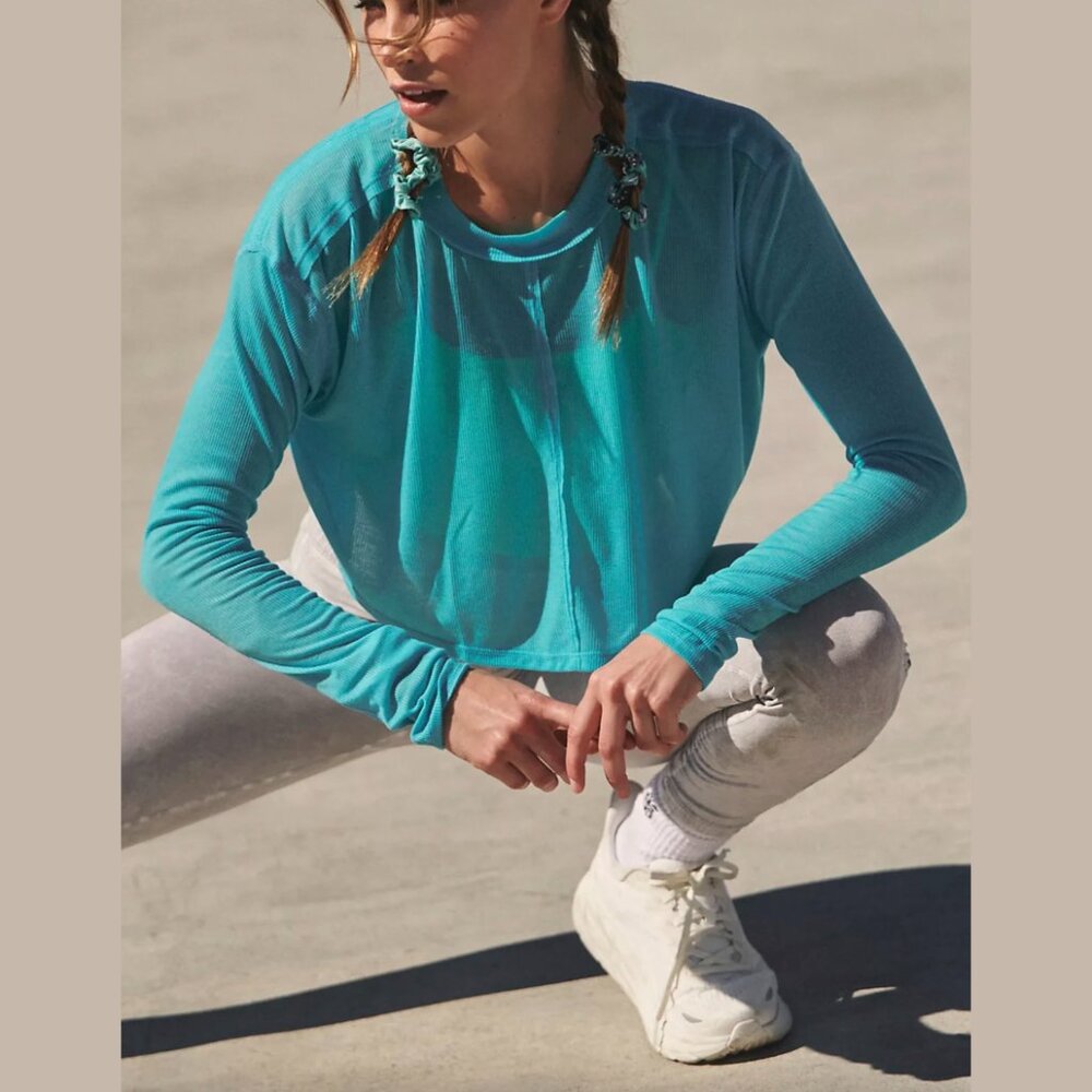 Free People FP Movement Infinitee Light Blue Long Sleeve Tee Aquafur Size XS